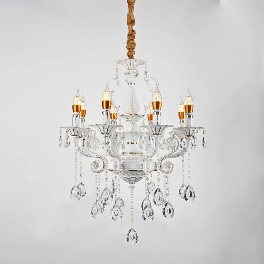 Candelabru Cristal Bruhier 8x E14, Diametru 65cm, Alb cu Auriu, Inaltime Reglabila