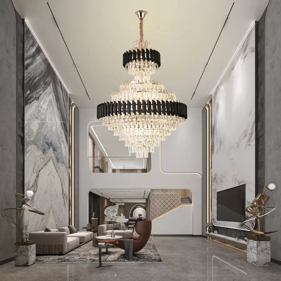 Candelabru Cristal VERSAILLES Supremo Reale 20xE27, Diametru 80cm x Inaltime 110cm, Auriu Lucios si Negru, Inaltime Reglabila