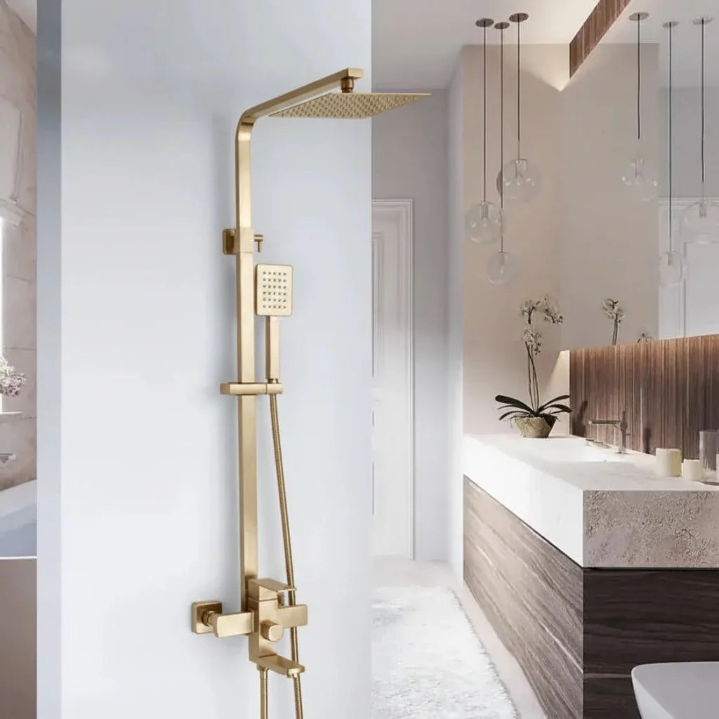 SET Coloana de dus cu baterie, Inox, Para patrata, Efect ploaie, 3 functii, Montare pe perete, Finisaj Auriu Periat, Accesorii Incluse