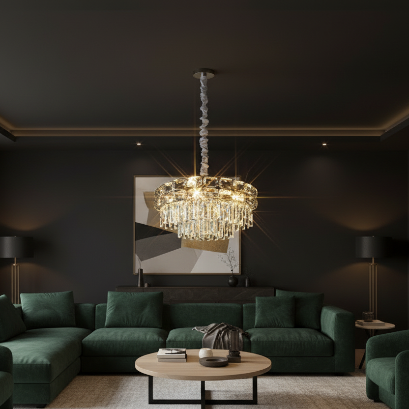 Candelabru Cristal LUCENT Magno 12xE14, D60 cm, Auriu, Inaltime Reglabila, Metal si Cristal