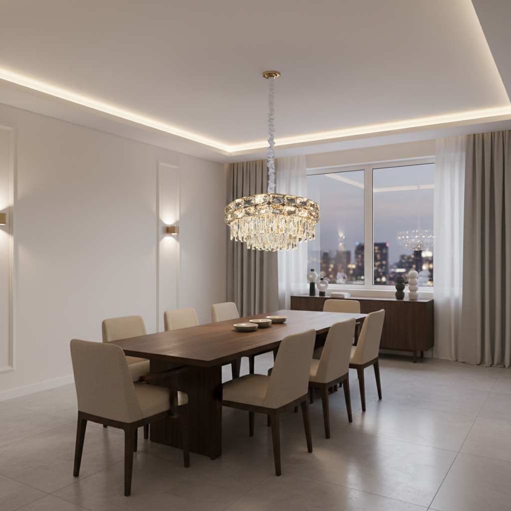 Candelabru Cristal LUCENT Eleganza 9xE14, D50 cm, Auriu, Inaltime Reglabila, Metal si Cristal