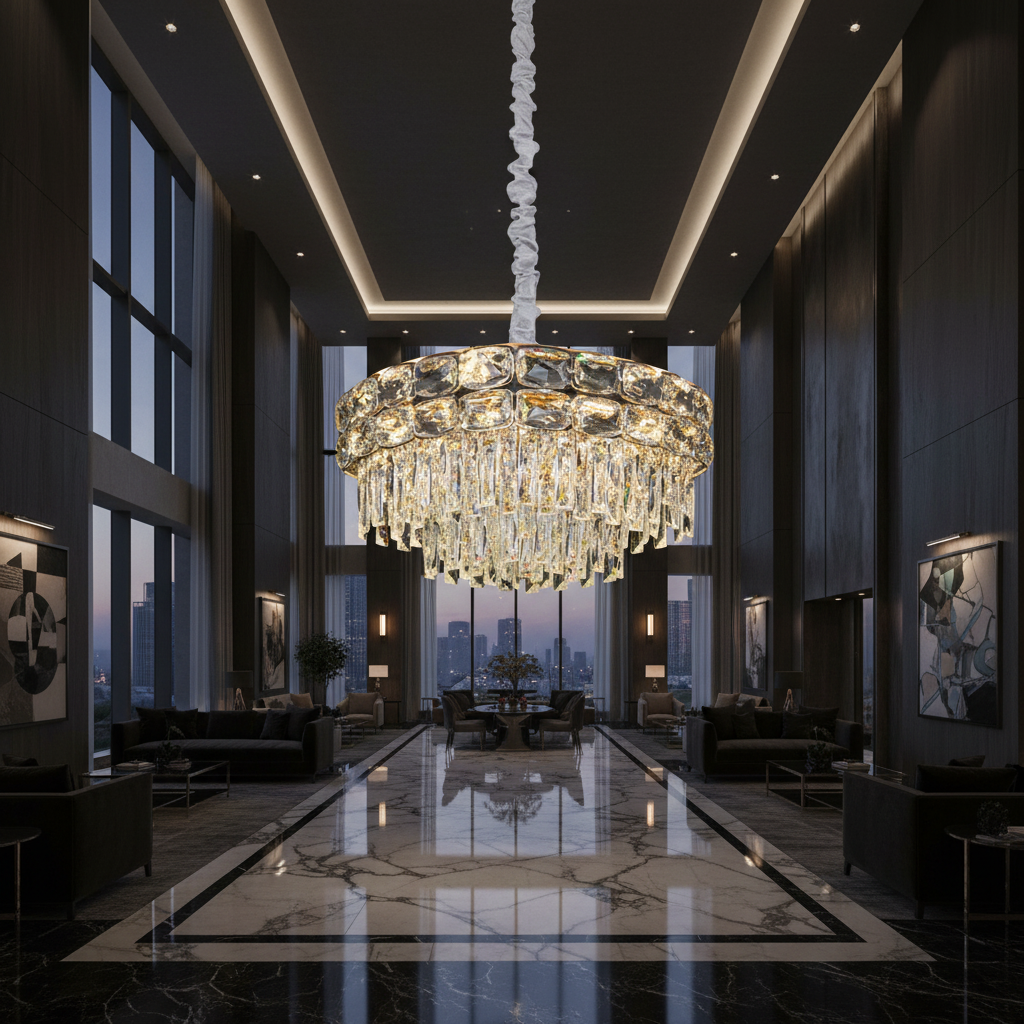 Candelabru Cristal LUCENT Eleganza 9xE14, D50 cm, Auriu, Inaltime Reglabila, Metal si Cristal