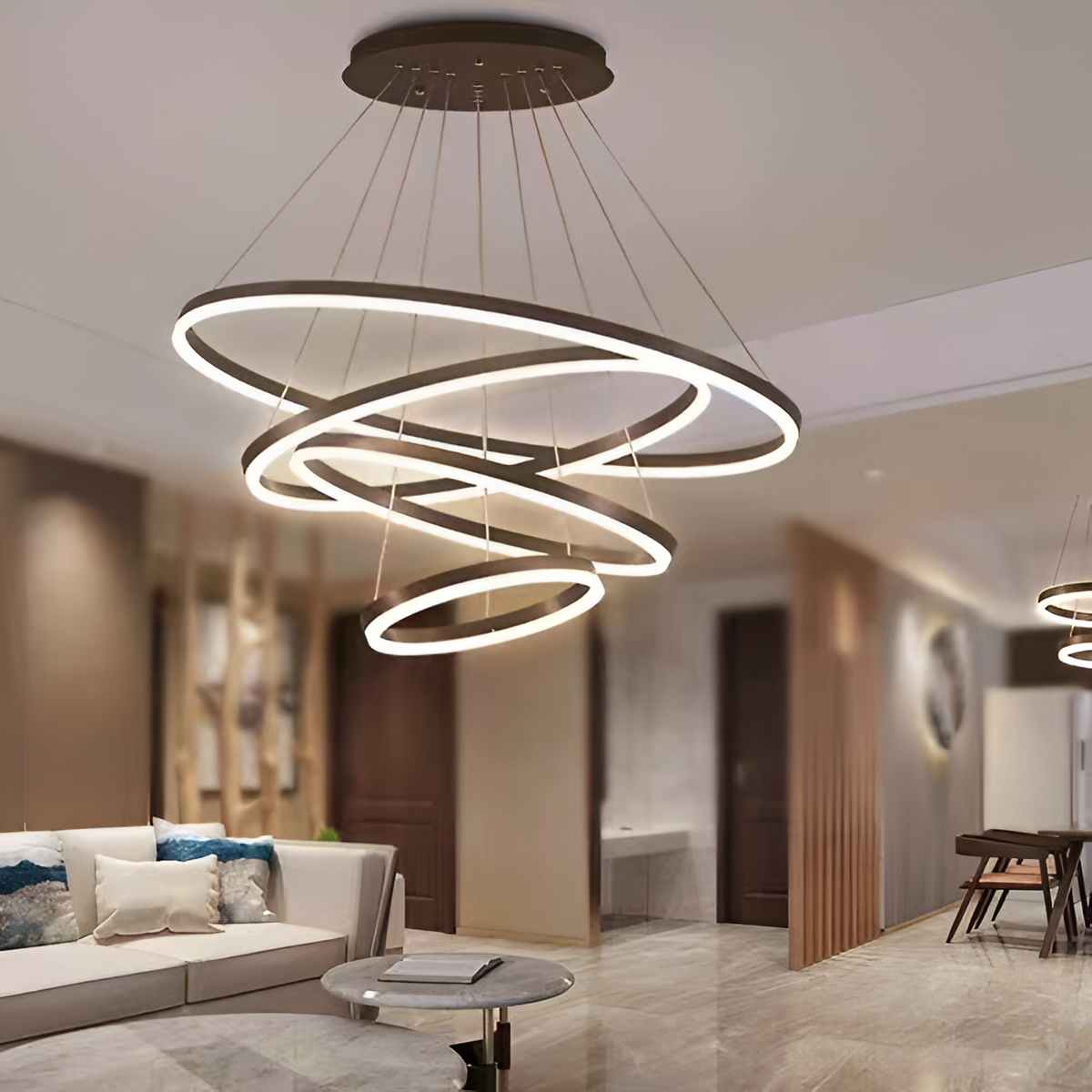 Lustra LED suspendata cu telecomanda CASIANA 130W, 4 Cercuri, lumina Rece/Calda/Neutra, Dimabila, Negru, Inaltime Reglabila