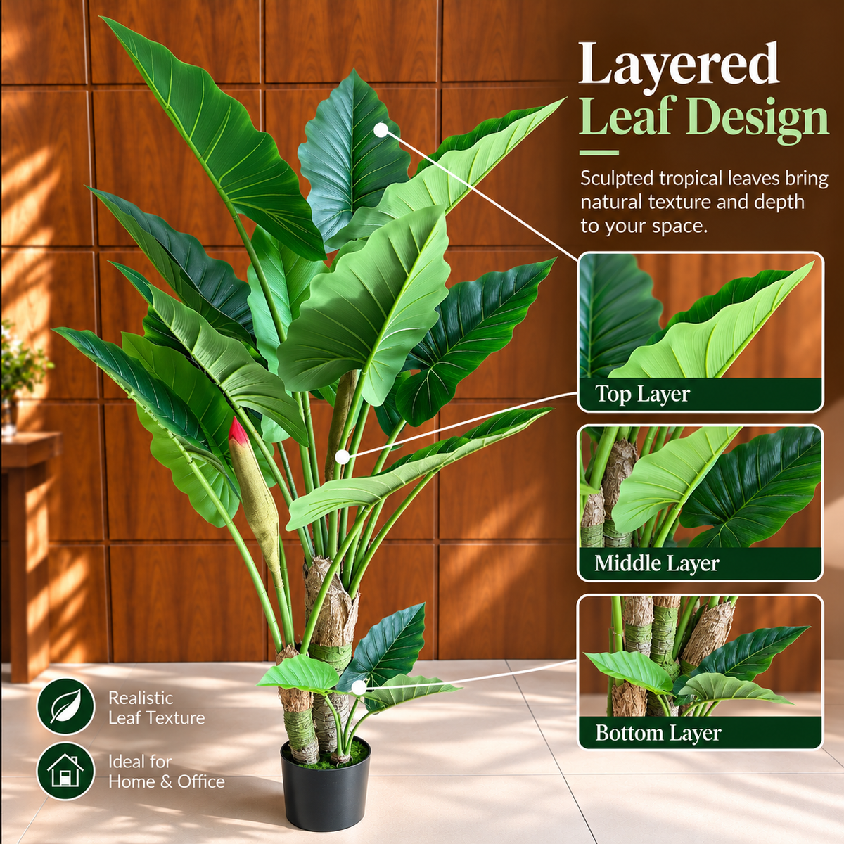 Decoratiune Alocasia, 3 tulpini, Plastic, 160 cm, Verde