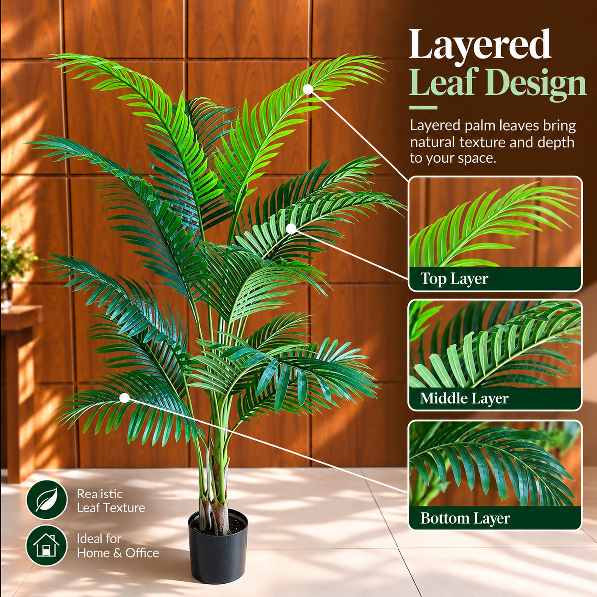 Decorațiune Palmier Kentia, 3 tulpini, Plastic, 17 frunze, 160 cm, Verde
