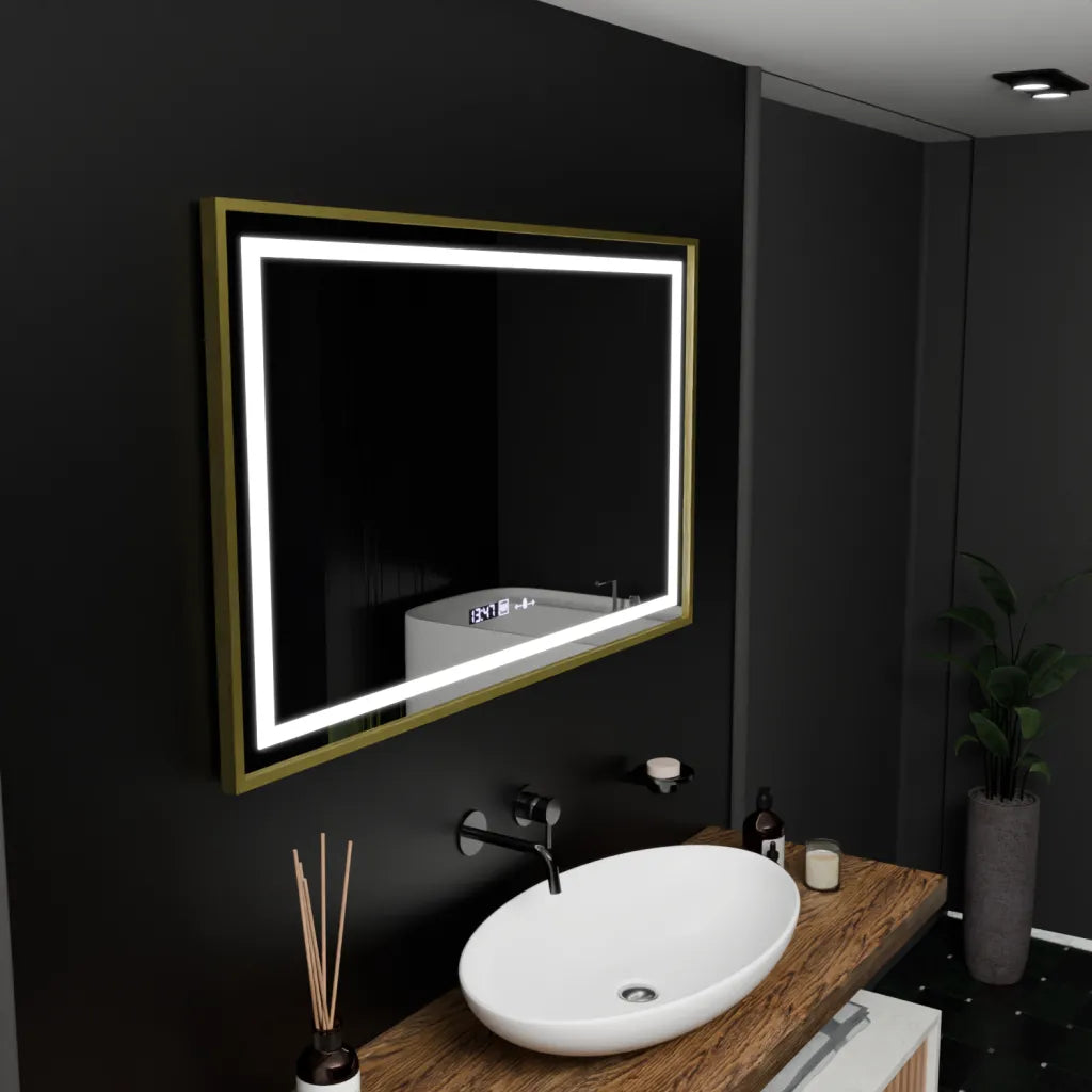 Oglinda LED Rectangulara, 100x80cm, Verite Royale Gold Motion Glow Marcello, Sistem Dezaburire, Ceas & Termometru, Dimabila