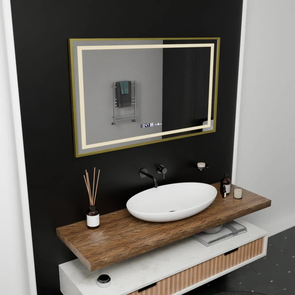 Oglinda LED Rectangulara, 100x80cm, Verite Royale Gold Motion Glow Marcello, Sistem Dezaburire, Ceas & Termometru, Dimabila