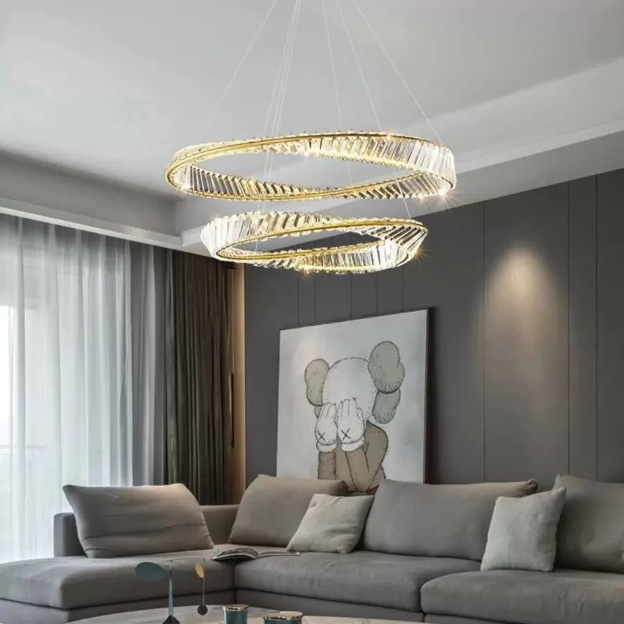 Lustra LED suspendata cu telecomanda si cristal CAIRO 98W, 2 Cercuri, lumina Rece/Calda/Neutra, Dimabila, Auriu Lucios, Inaltime Reglabila