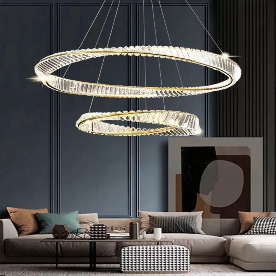 Lustra LED suspendata cu telecomanda si cristal CAIRO 98W, 2 Cercuri, lumina Rece/Calda/Neutra, Dimabila, Auriu Lucios, Inaltime Reglabila