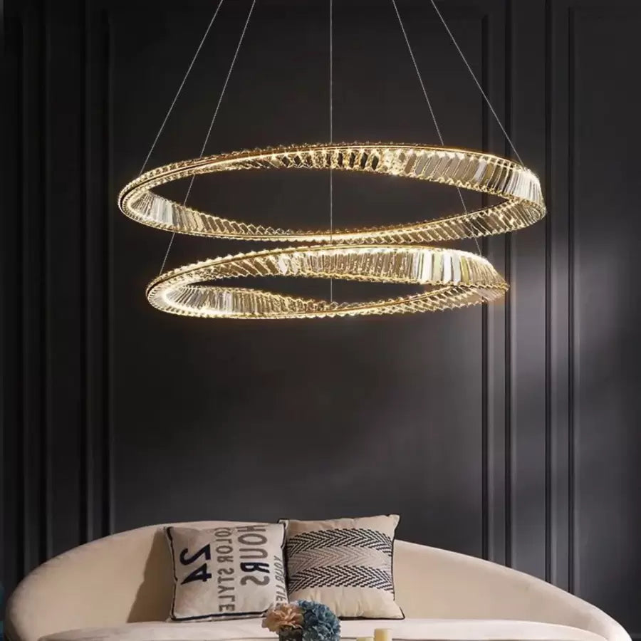 Lustra LED suspendata cu telecomanda si cristal CAIRO 98W, 2 Cercuri, lumina Rece/Calda/Neutra, Dimabila, Auriu Lucios, Inaltime Reglabila