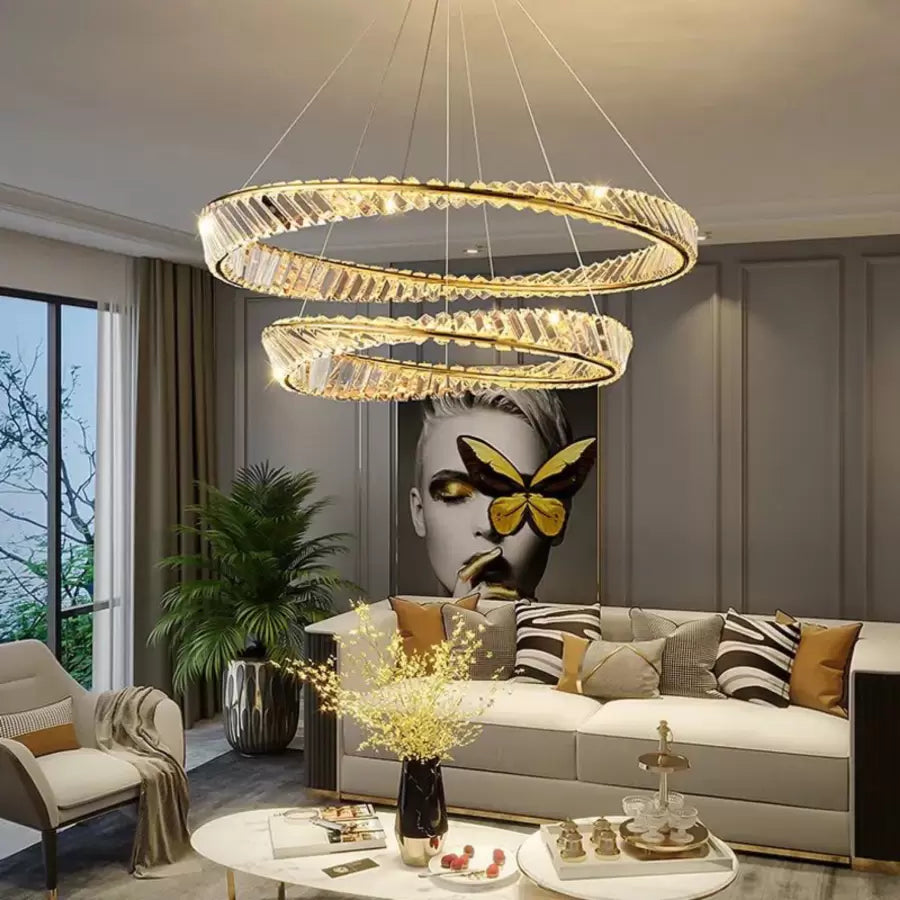 Lustra LED suspendata cu telecomanda si cristal CAIRO 98W, 2 Cercuri, lumina Rece/Calda/Neutra, Dimabila, Auriu Lucios, Inaltime Reglabila