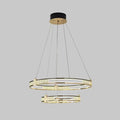 Lustra LED suspendata cu telecomanda si cristal ROGER 100W, 2 Cercuri, lumina Rece/Calda/Neutra, Dimabila, Auriu Lucios, Inaltime Reglabila