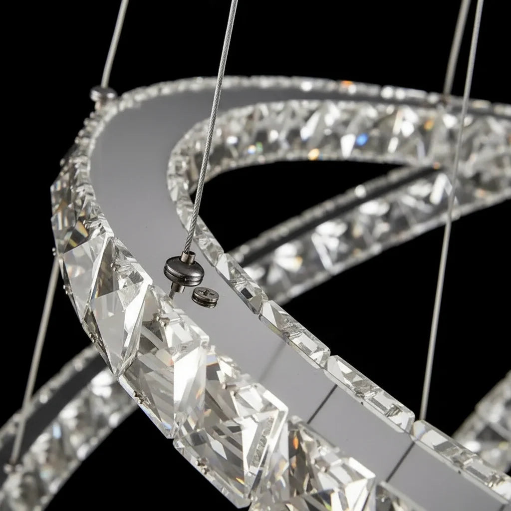 Lustra LED cu Telecomanda PRISM Luminis, Cristal si Metal, 210W, 4 Cercuri, Dimabila, Lumina Rece/Calda/Neutra, Iluminat Luxos