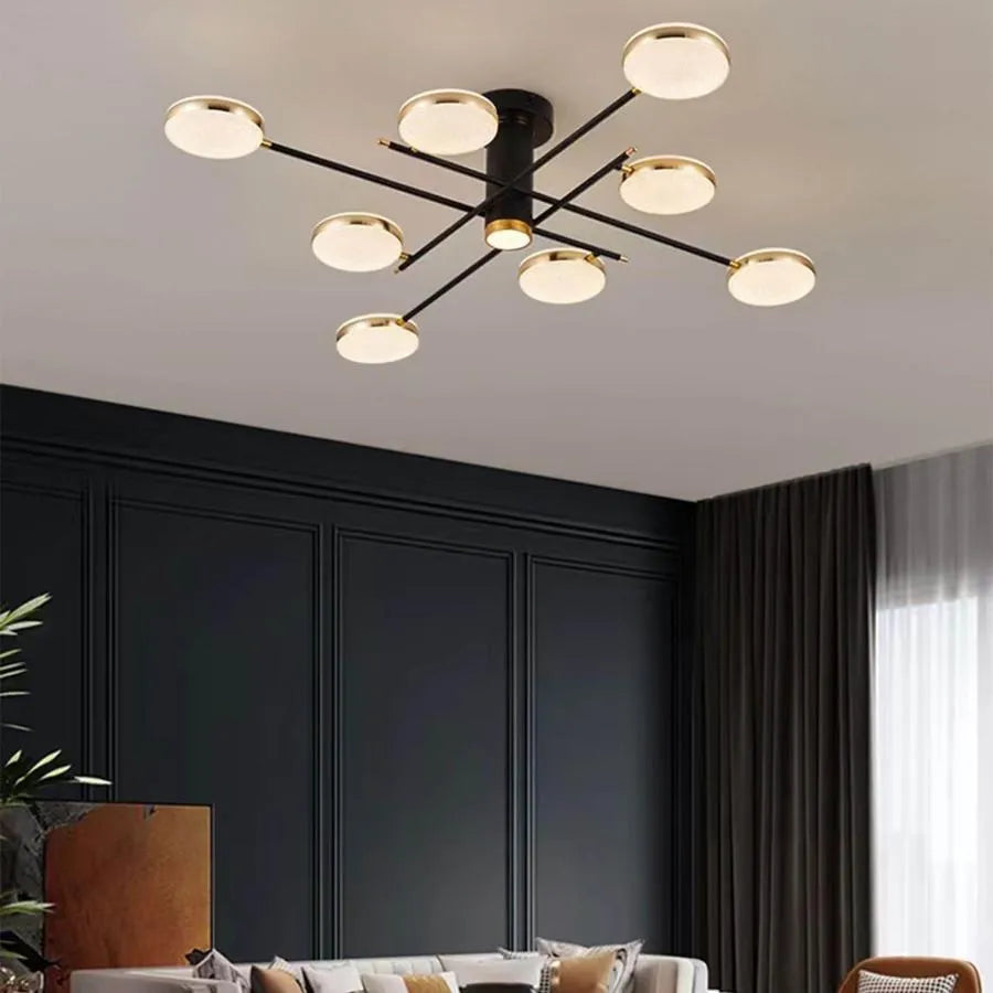 Lustra LED cu telecomanda si cristal MISEL 154W, 9 Elemente, lumina Rece/Calda/Neutra, Dimabila, Negru Auriu