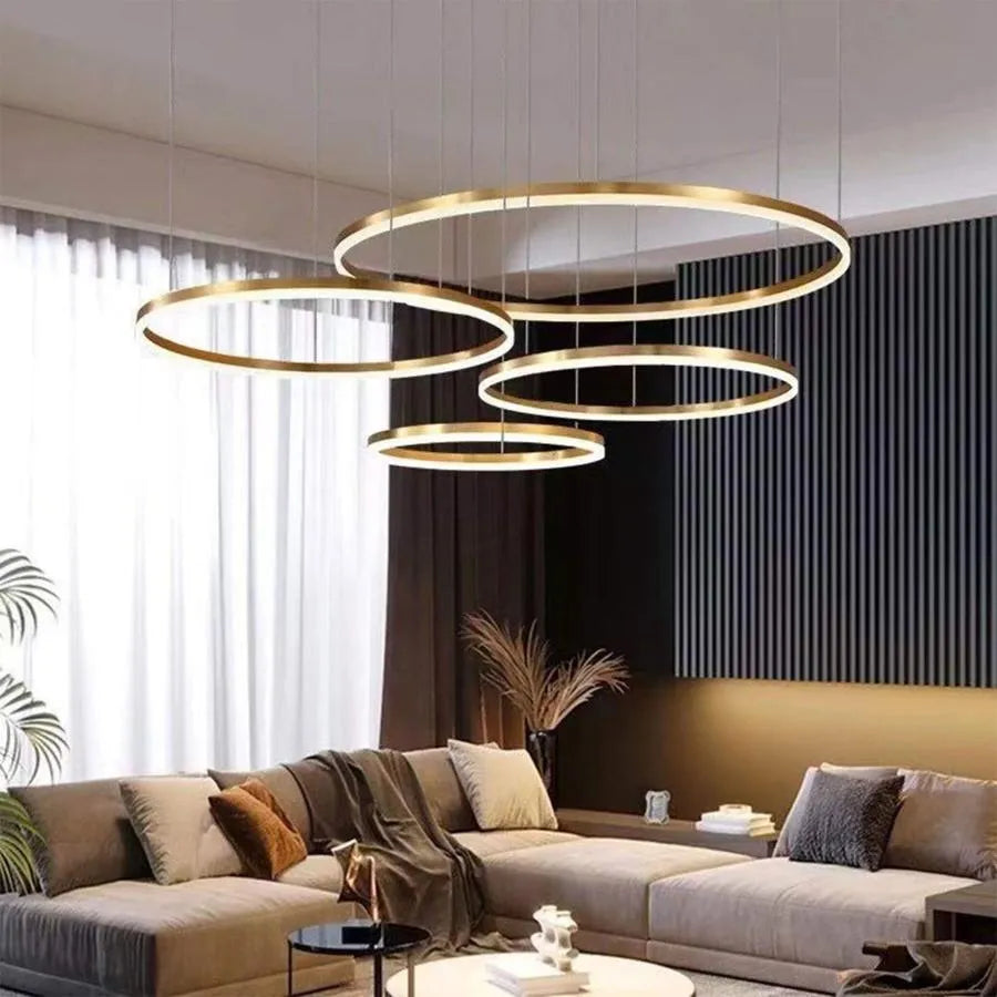 Lustra LED suspendata cu telecomanda ADELAIDA 226W, 4 Cercuri, lumina Rece/Calda/Neutra, Dimabila, Auriu Lucios, Inaltime Reglabila