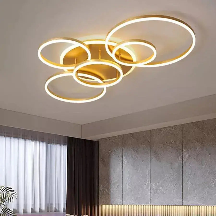 Lustra LED cu telecomanda LYRA 248W, 5 Cercuri, lumina Rece/Calda/Neutra, Dimabila, Auriu Periat