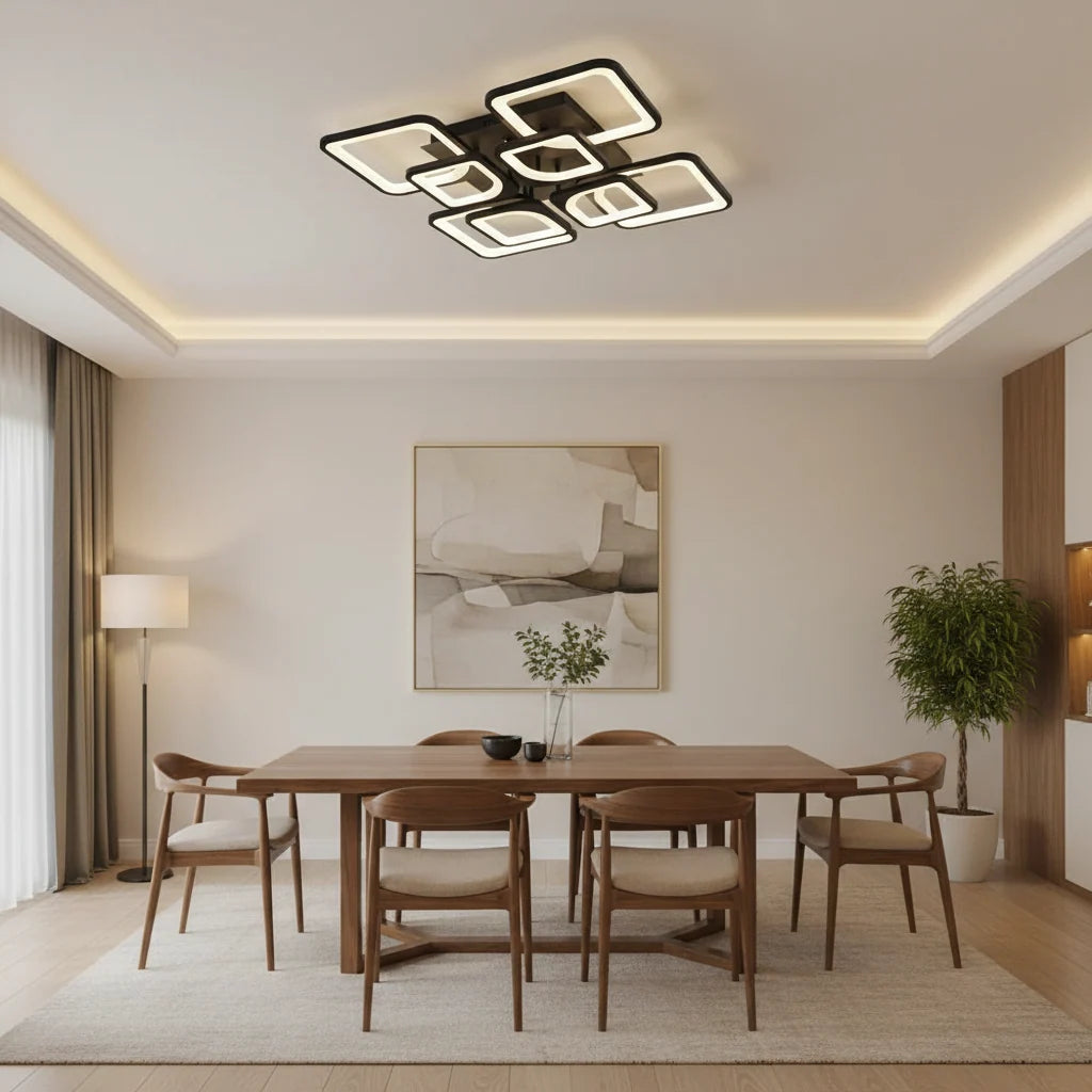 Lustra LED cu telecomanda ZOE, 8 Patrate, 138W, Lumina Rece/Calda/Neutra, Dimabila, Negru