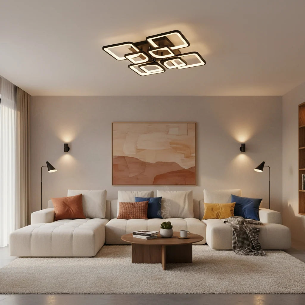 Lustra LED cu telecomanda ZOE, 8 Patrate, 138W, Lumina Rece/Calda/Neutra, Dimabila, Negru, imaginea 4