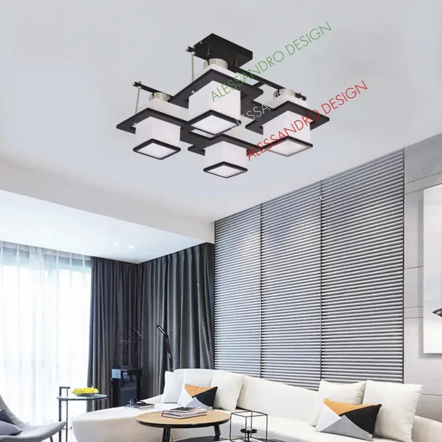 Lustra Clasica Aramis cu lemn, Abajur Patrat, 4 X Dulie E27, Alb / Negru