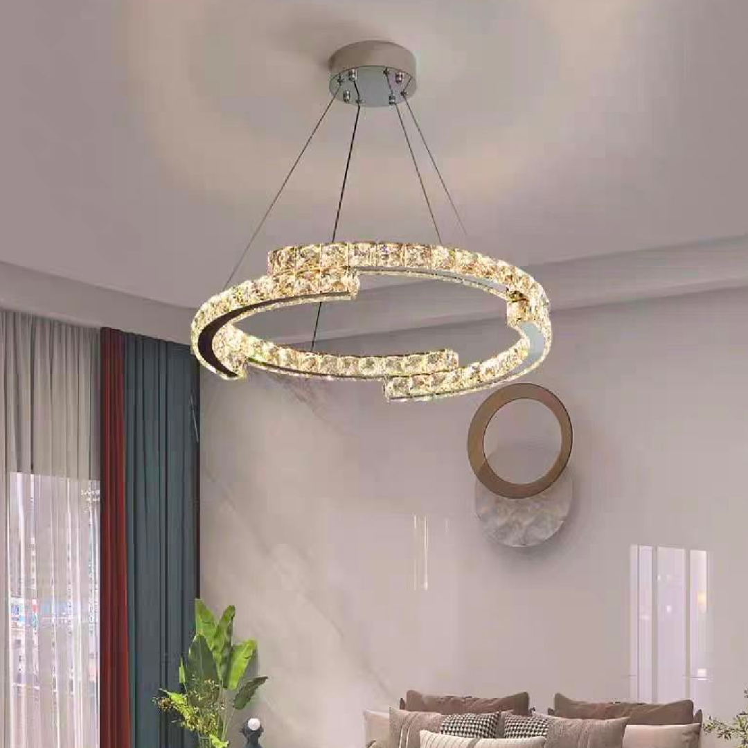 Lustra LED suspendata cu telecomanda si cristal MIA Yonca, 34W, 1 Cerc, lumina Rece/Calda/Neutra, Dimabila, Crom Lucios