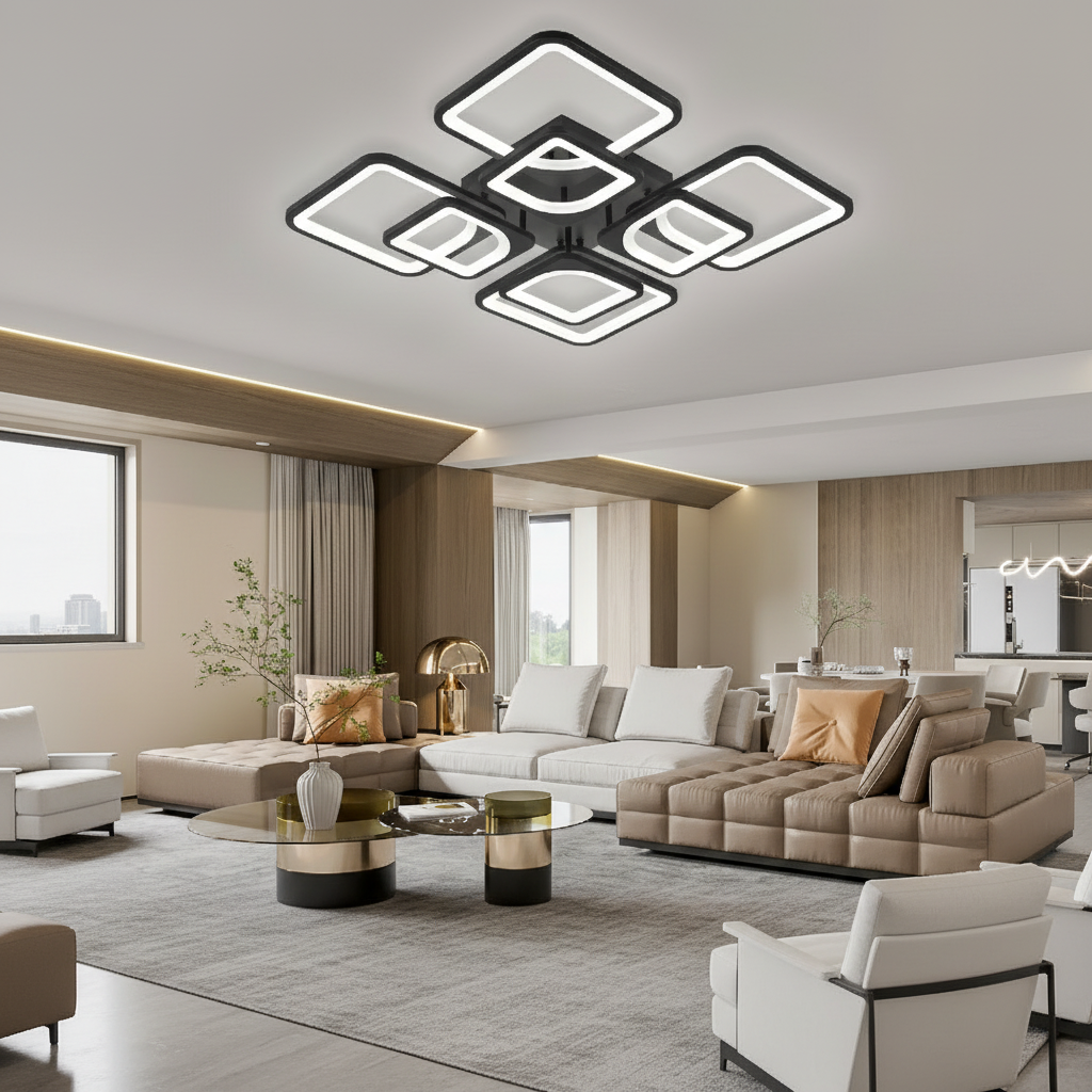 Lustra LED cu telecomanda ZOE, 8 Patrate, 138W, Lumina Rece/Calda/Neutra, Dimabila, Negru, imaginea 3