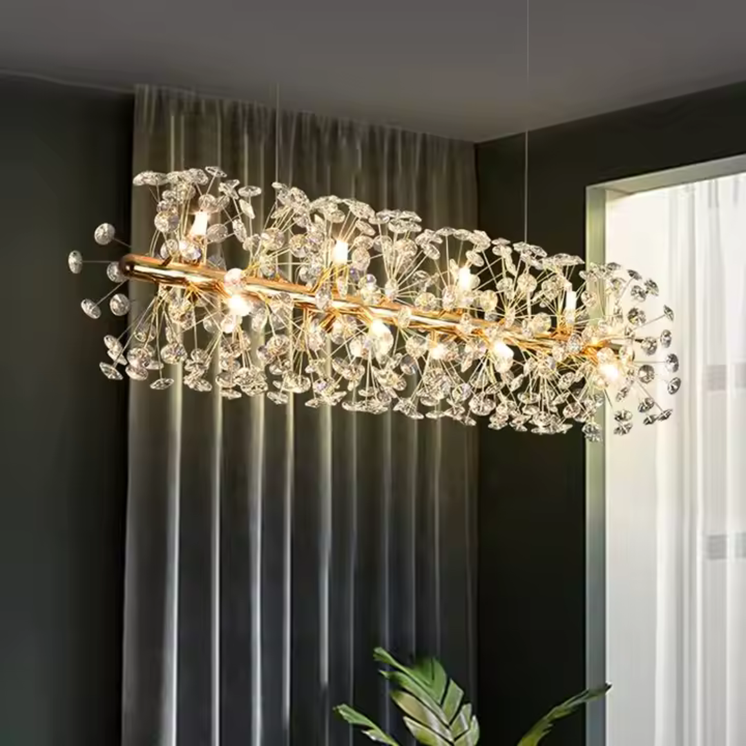 Candelabru Cristal KHUJANT 9x G9, Lungime 70cm, Auriu Lucios, Inaltime Reglabila