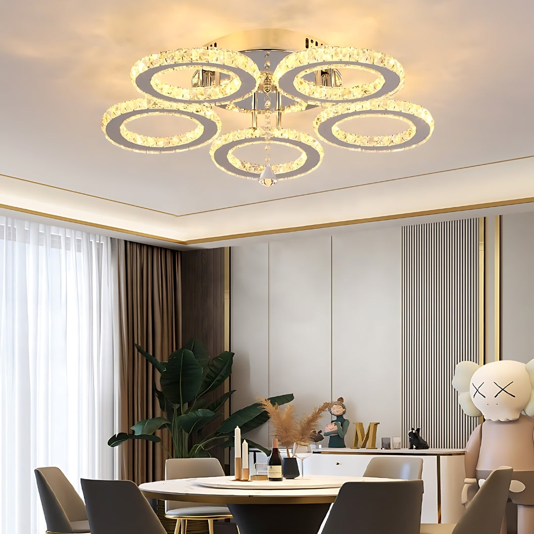 Lustra LED cu telecomanda si cristal ALANUBIS 80W, 5 Cercuri, lumina Rece/Calda/Neutra, Dimabila, Crom Lucios