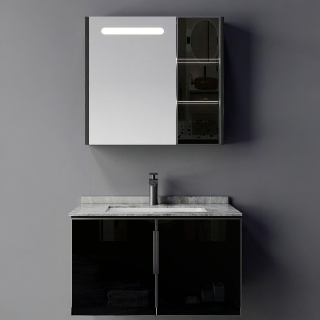 Set Mobilier pentru Baie RHODOS, 80cm, 2 Piese, Negru si Alb