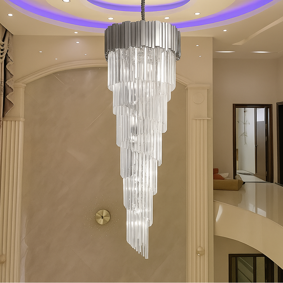 Candelabru Cristal CC110/600x1800CH, 28xE14, Diametru 60cm, Inaltime 180cm, Crom si Argintiu, Inaltime Reglabila, Design Elegant