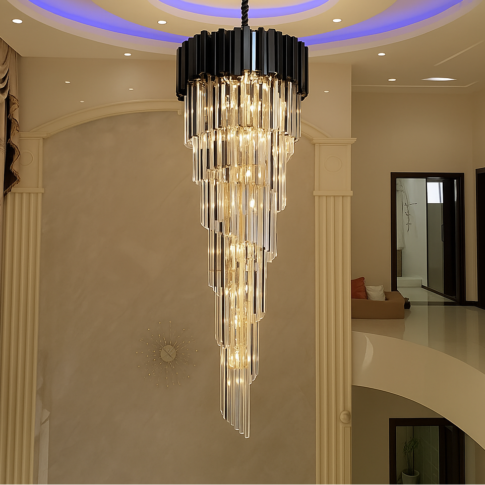 Candelabru Cristal CC110/600x1800GD, 28xE14, Diametru 60cm, Inaltime 180cm, Auriu Lucios, Inaltime Reglabila, Design Elegant