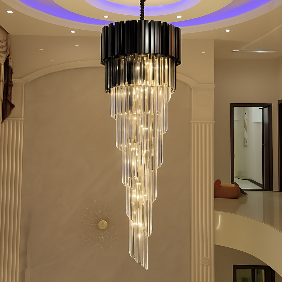 Candelabru Cristal CC110/600x1800GD, 28xE14, Diametru 60cm, Inaltime 180cm, Auriu Lucios, Inaltime Reglabila, Design Elegant