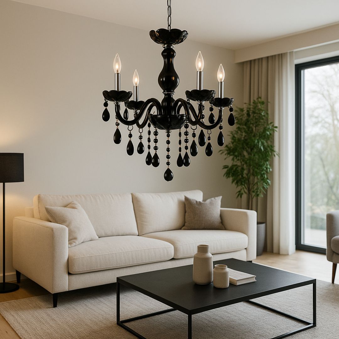 Candelabru Cristal ALNWICK Eleganza, 5xE14, Diametru 48cm, Negru, Inaltime Reglabila