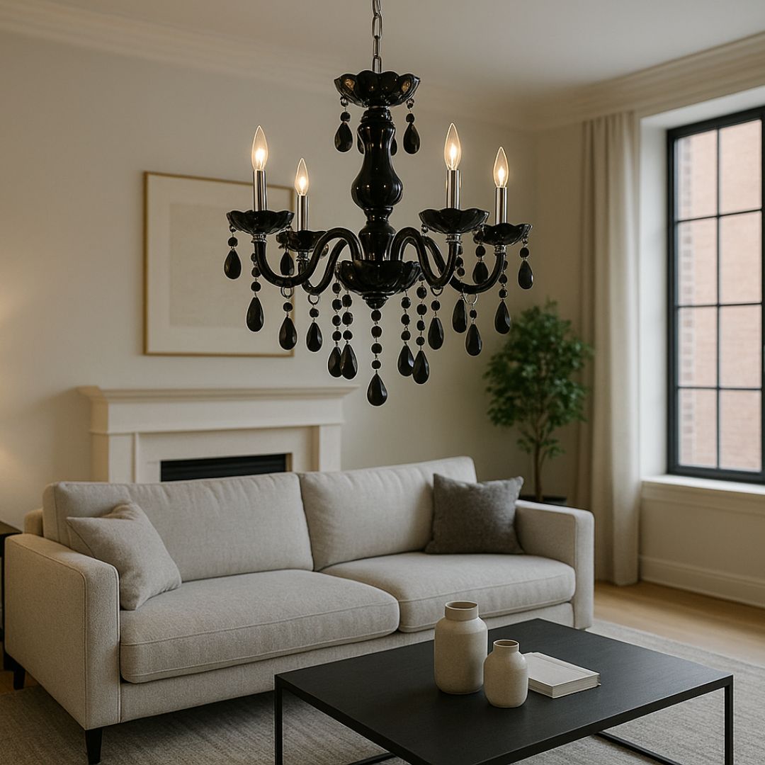 Candelabru Cristal ALNWICK Eleganza, 5xE14, Diametru 48cm, Negru, Inaltime Reglabila