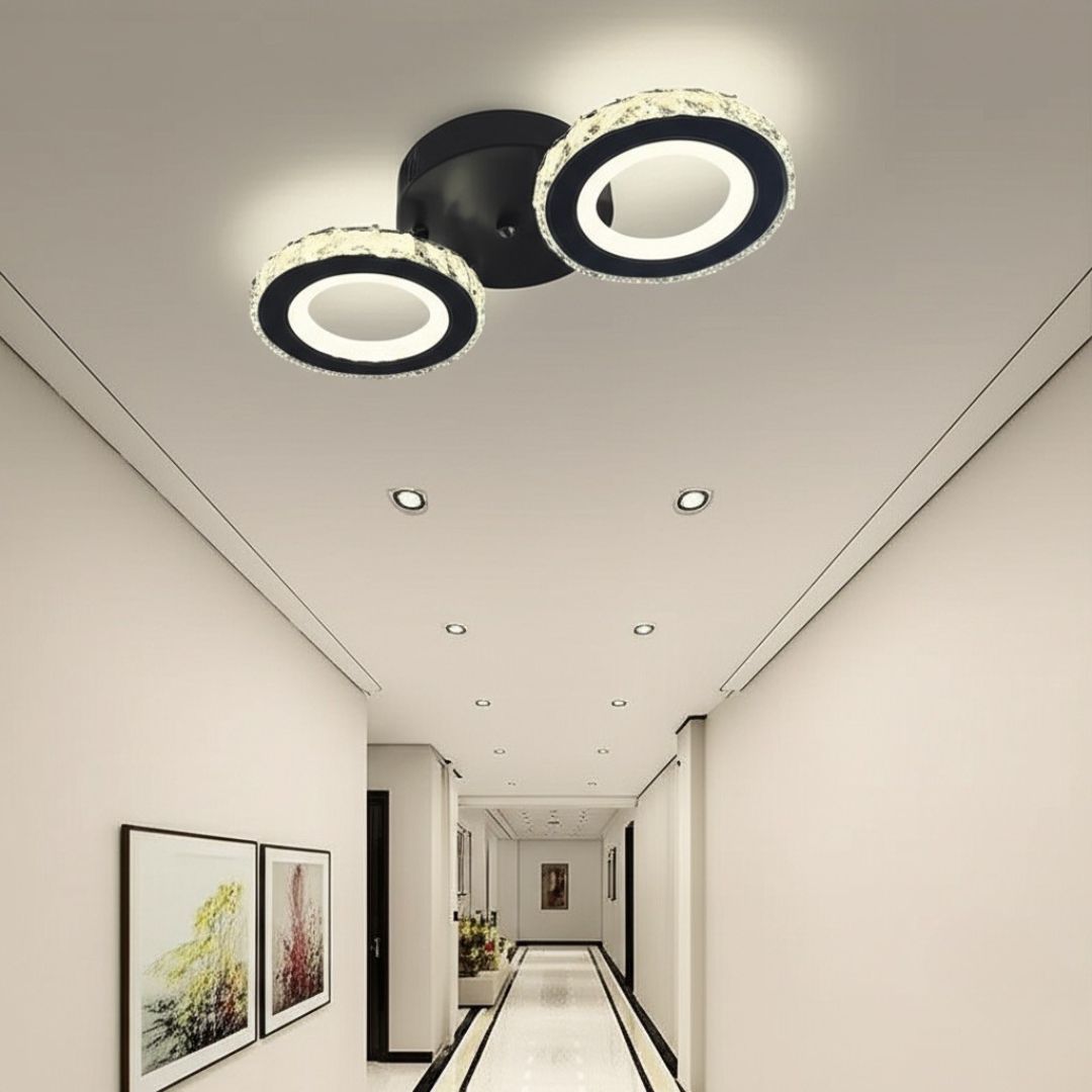 Lustra LED cu telecomanda si cristal NOVA ROTONDA 32W, 2 Cercuri, lumina Rece/Calda/Neutra, Dimabila, Negru, imaginea 1
