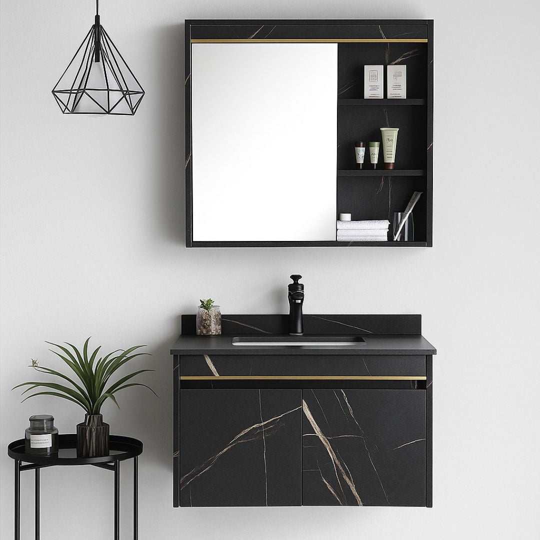 Set Mobilier MARBLE pentru Baie, Dulap Lavoar+Dulap Oglinda 60cm, 2 Piese, Negru