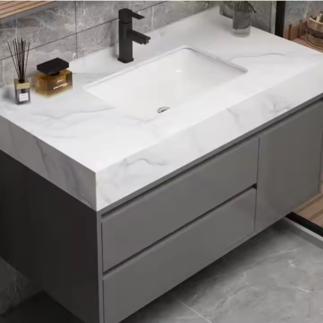 Set Mobilier pentru Baie SANTORINI, Dulap Lavoar + Dulap Oglinda 80cm, 2 Piese, Gri si Alb
