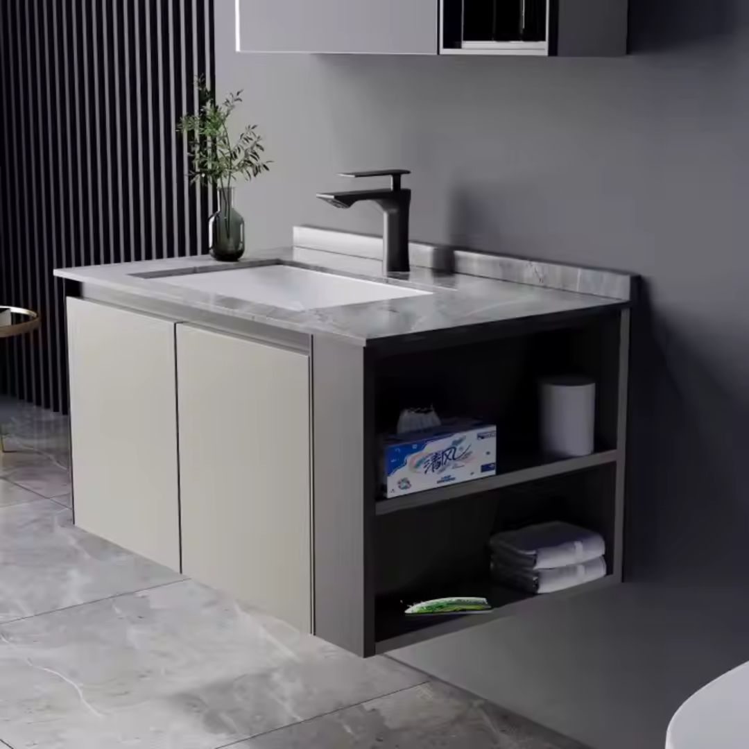 Set Mobilier pentru Baie ZAKYNTHOS, 80cm, 2 Piese, Gri si Crem