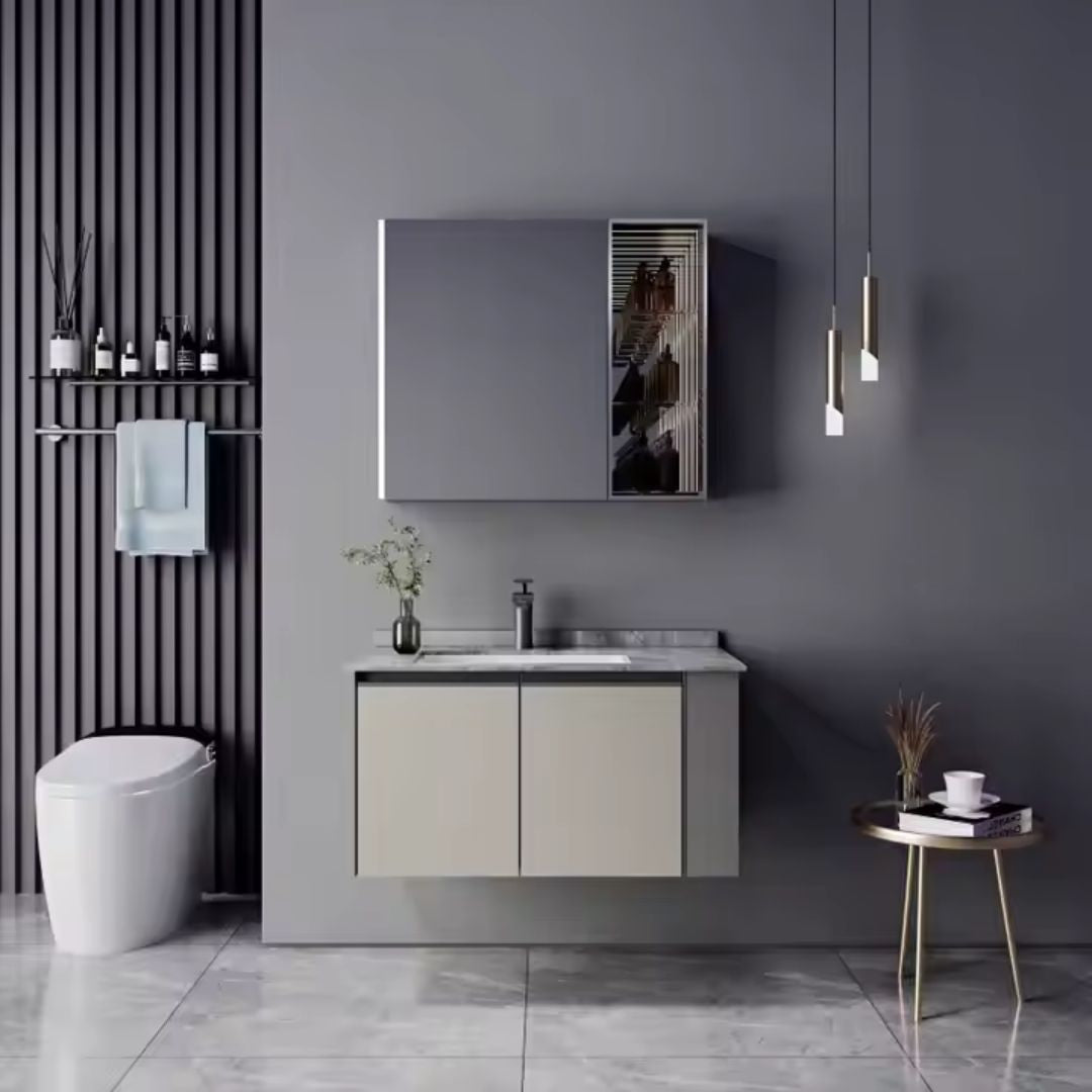 Set Mobilier pentru Baie ZAKYNTHOS, 80cm, 2 Piese, Gri si Crem