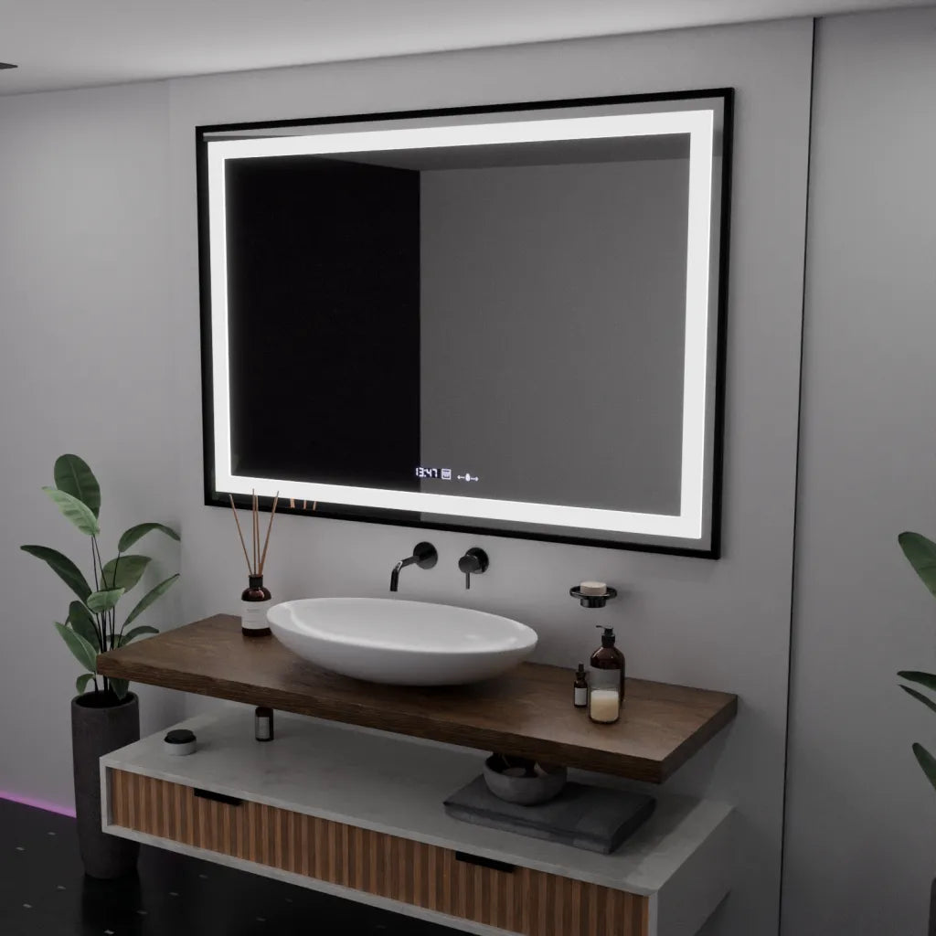 Oglinda LED Rectangulara, 100x65cm, Verite Majeste Noir Motion Glow Marcello, Sistem Dezaburire, Ceas & Termometru, Dimabila