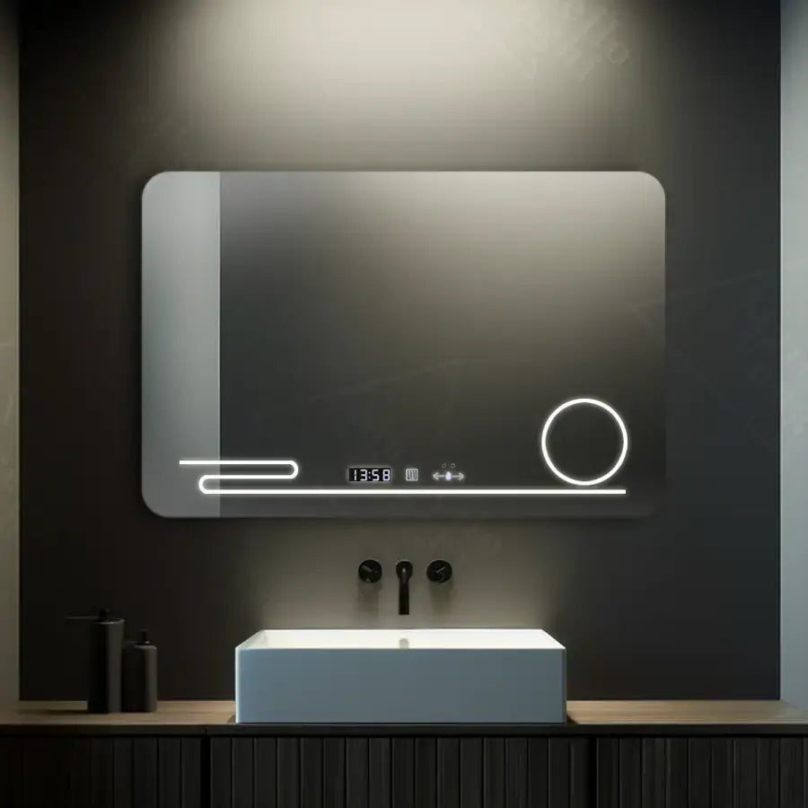 Oglinda LED Rectangulara, 100x60cm, Harmonie MotionGlow Marcello, Sistem Dezaburire, Ceas & Termometru, Lupa Cosmetica, Dimabila