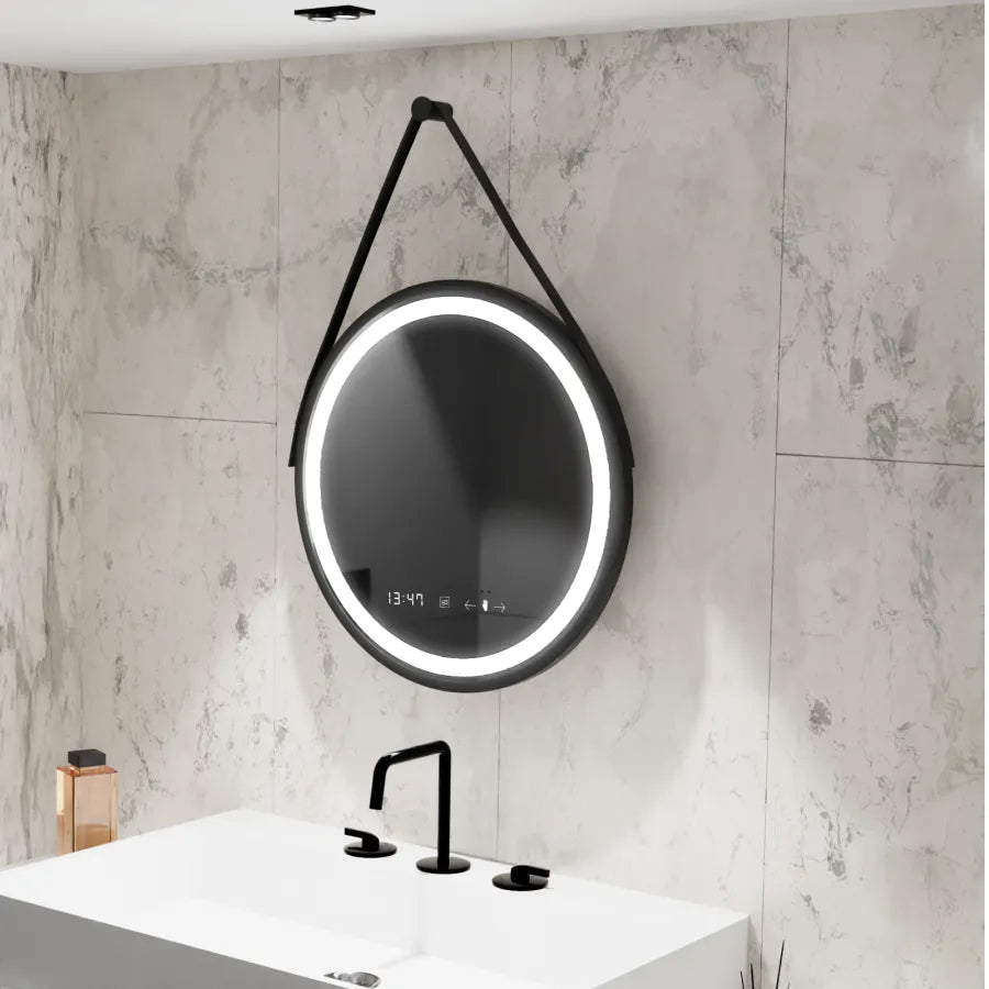 Oglinda LED Rotunda, 60cm, Celeste Majeste Noir Eleve MotionGlow Marcello, Sistem Dezaburire, Ceas & Termometru, Dimabila