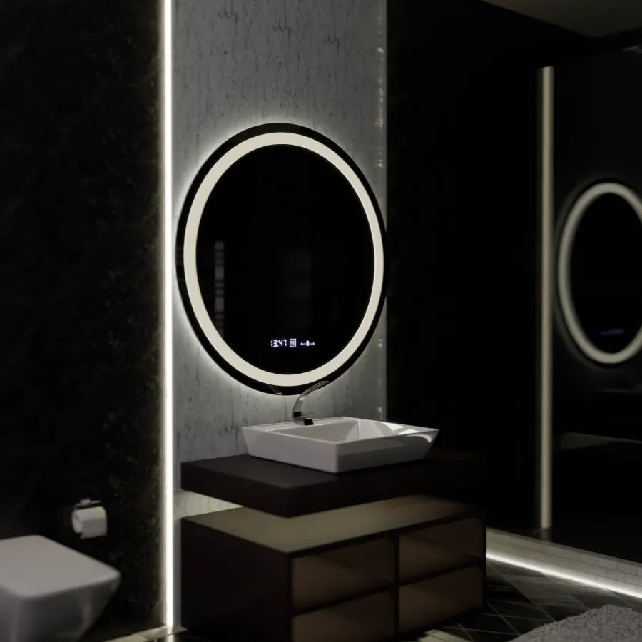 Oglinda LED Rotunda, 100cm, Celeste MotionGlow Marcello, Sistem Dezaburire, Ceas & Termometru, Dimabila