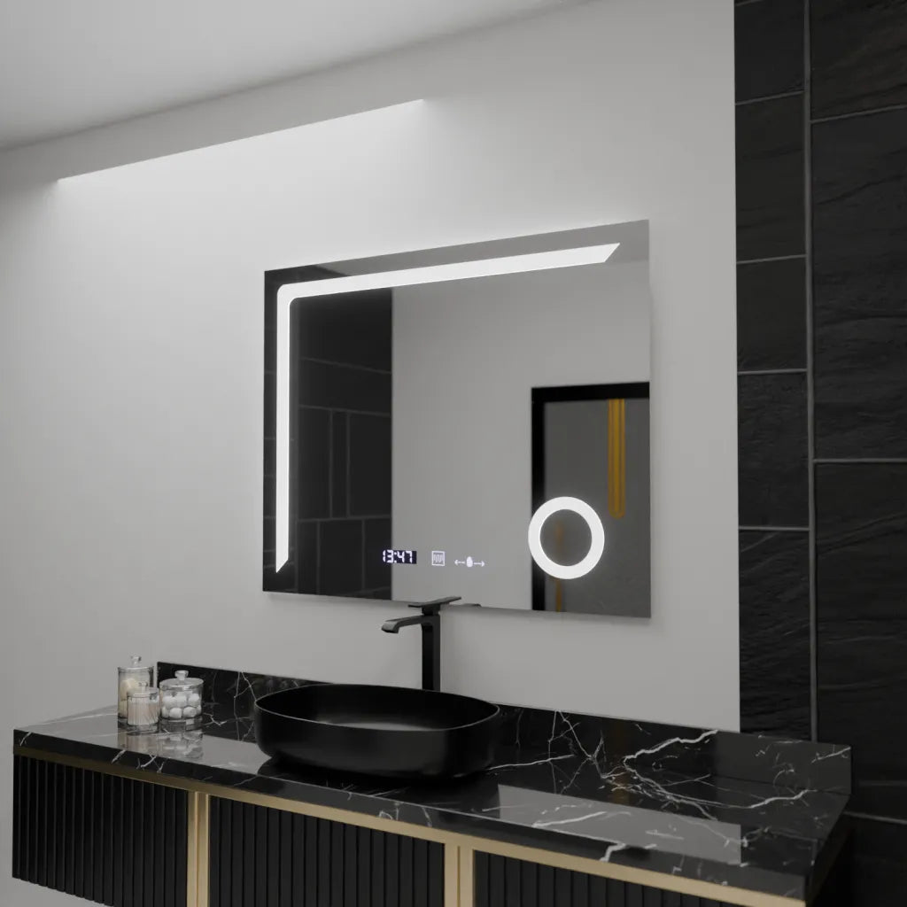 Oglinda LED Rectangulara, 100x80cm, Precision MotionGlow Marcello, Sistem Dezaburire, Ceas & Termometru, Lupa Cosmetica, Dimabila