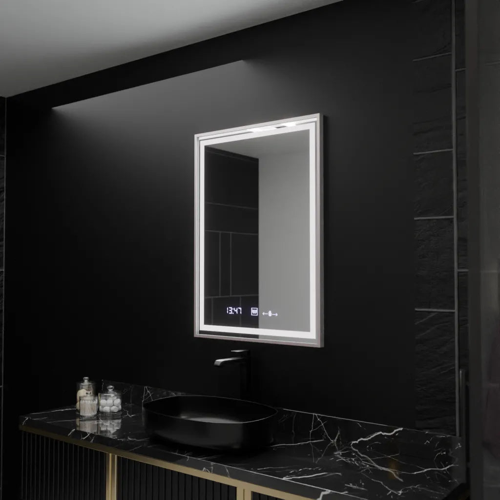 Oglinda LED Rectangulara, 60x80cm, Verite Imperial Silver Motion Glow Marcello, Sistem Dezaburire, Ceas & Termometru, Dimabila