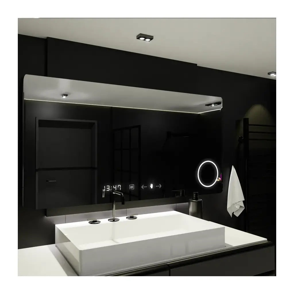Oglinda LED Rectangulara, 100x60cm, Celeste MotionGlow Marcello, Sistem Dezaburire, Ceas & Termometru, Lupa Cosmetica, Dimabila