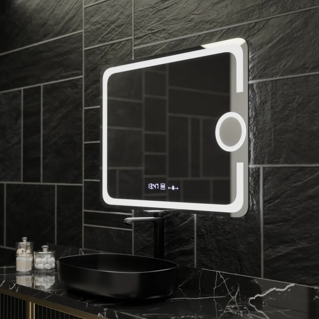 Oglinda LED Rectangulara, 80x60cm, Eclat MotionGlow Marcello, Sistem Dezaburire, Ceas & Termometru, Lupa Cosmetica, Dimabila