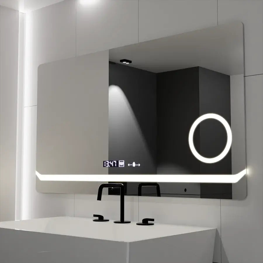 Oglinda LED Rectangulara, 80x60cm, Definition MotionGlow Marcello, Sistem Dezaburire, Ceas & Termometru, Lupa Cosmetica, Dimabila