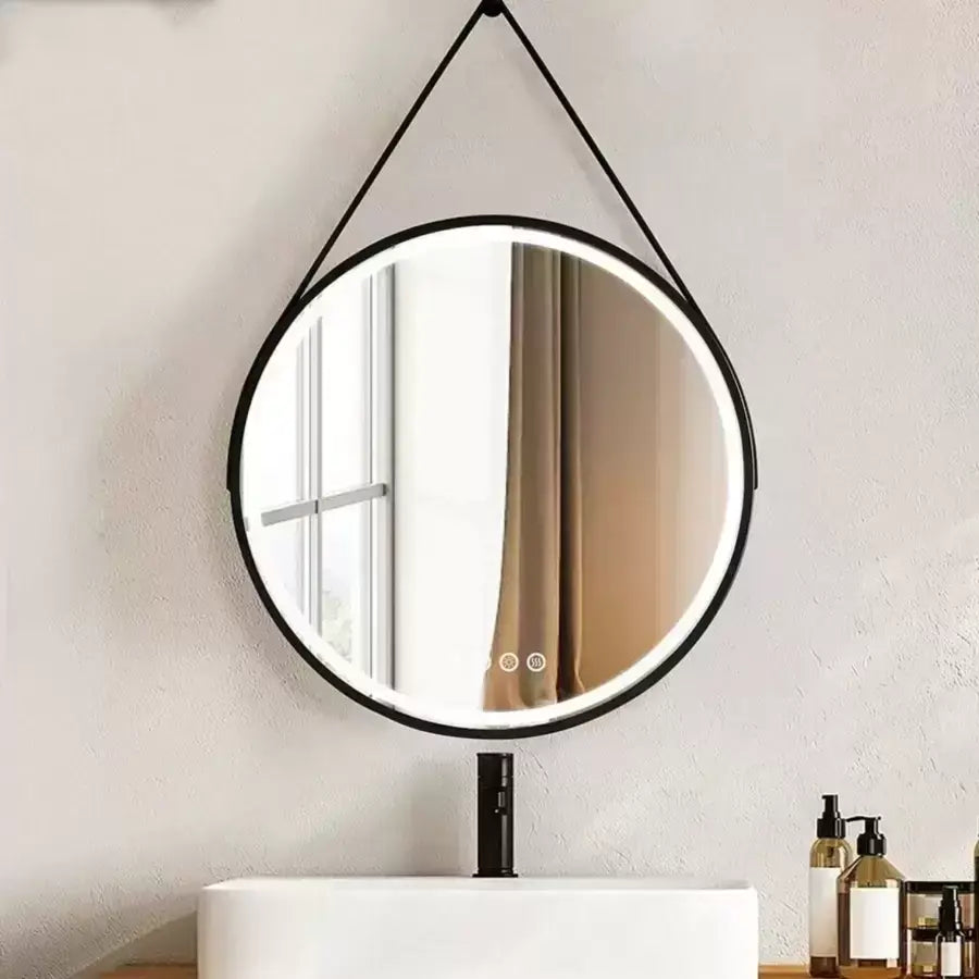 Oglinda LED Rotunda, 60cm, Celeste Majeste Noir Eleve MotionGlow Marcello, Sistem Dezaburire, Ceas & Termometru, Dimabila