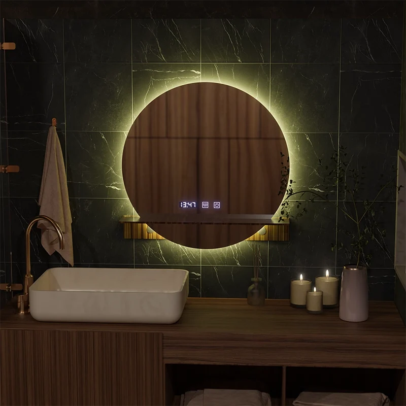 Oglinda LED Touch Alfred Sistem Dezaburire, Ceas si Temperatura 60x60 cm Cu Suport Integrat