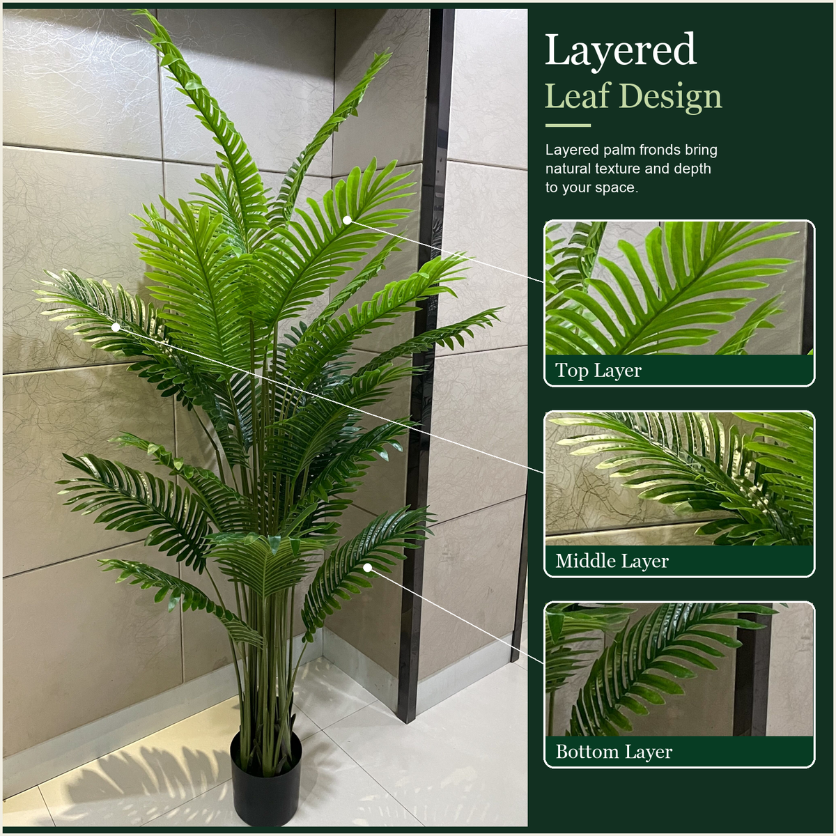 Decorațiune Palmier Areca, Plastic, 24 frunze, 190 cm, Verde